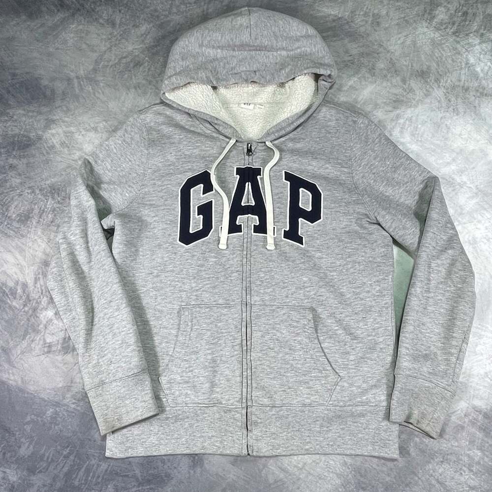 Gap Sherpa Lined Zip Up Hoodie Size M Gray Logo Sweatshirt